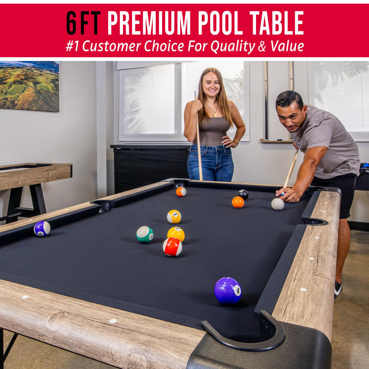GoSports 6 ft Foldable Pool Tables - Portable Billiards Tables with Accessories - Black with Gray Felt or Oak with Black Felt