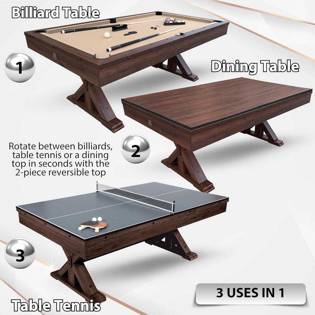 7-Foot 3-in-1 Multi-Game Pool Table, Table Tennis, Dining Top, with Benches