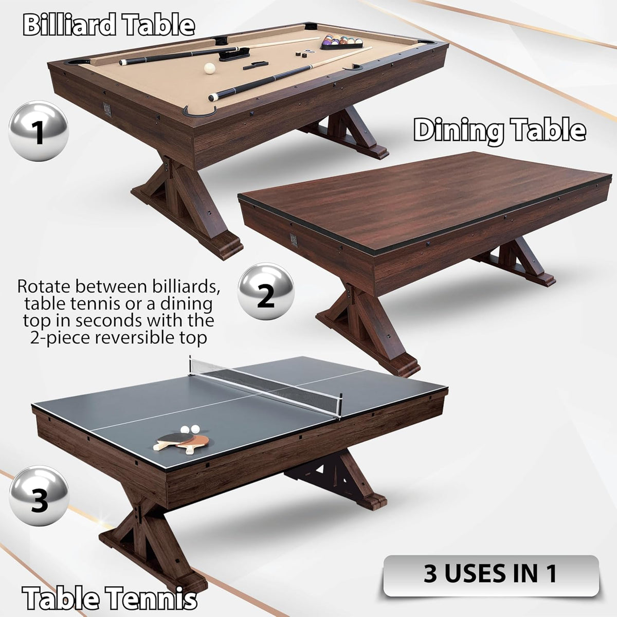 7-Foot 3-in-1 Multi-Game Pool Table, Table Tennis, Dining Top, with Benches