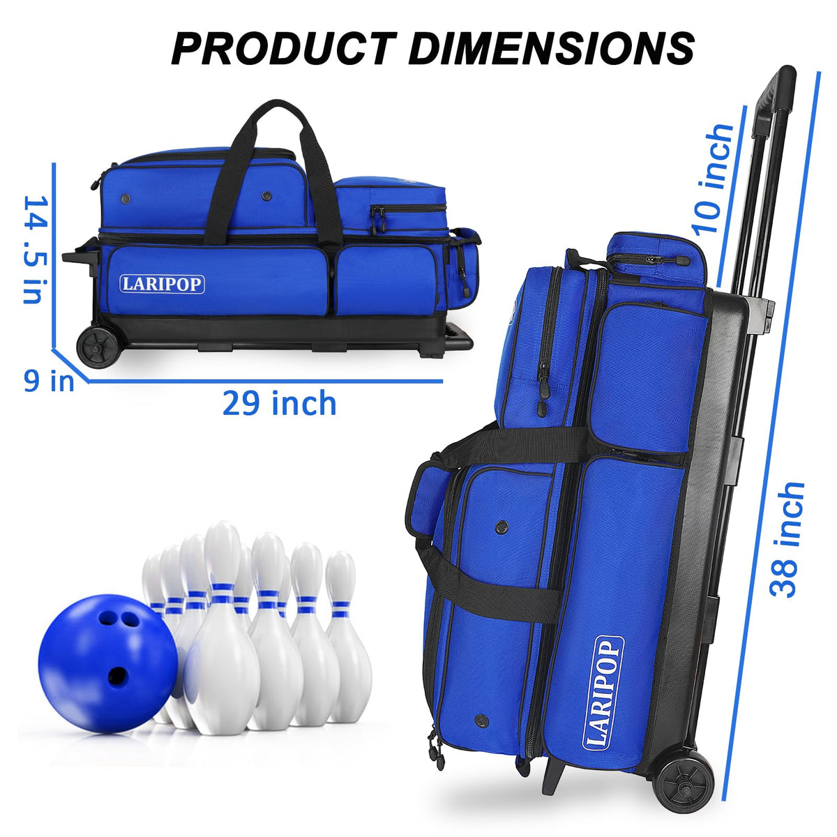 LARIPOP 3 Ball Bowling Bag with Wheels and Shoe Compartment, Rolling Bowling Bag for 3 Balls, Heavy Duty Bowling Roller Bag with Retractable Handle for Men Women