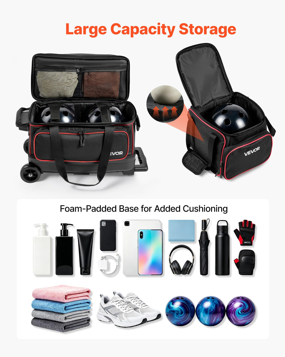VEVOR 3 Ball Bowling Bag Double Roller Bag with Separate Shoe Compartment