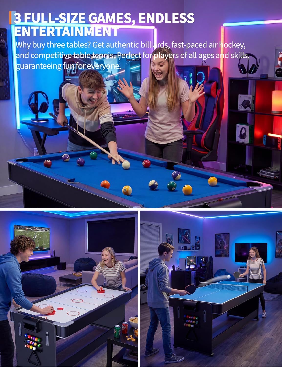 Garvee 7 ft 3-in-1 Game Table with Air Hockey, Billiards and Table Tennis