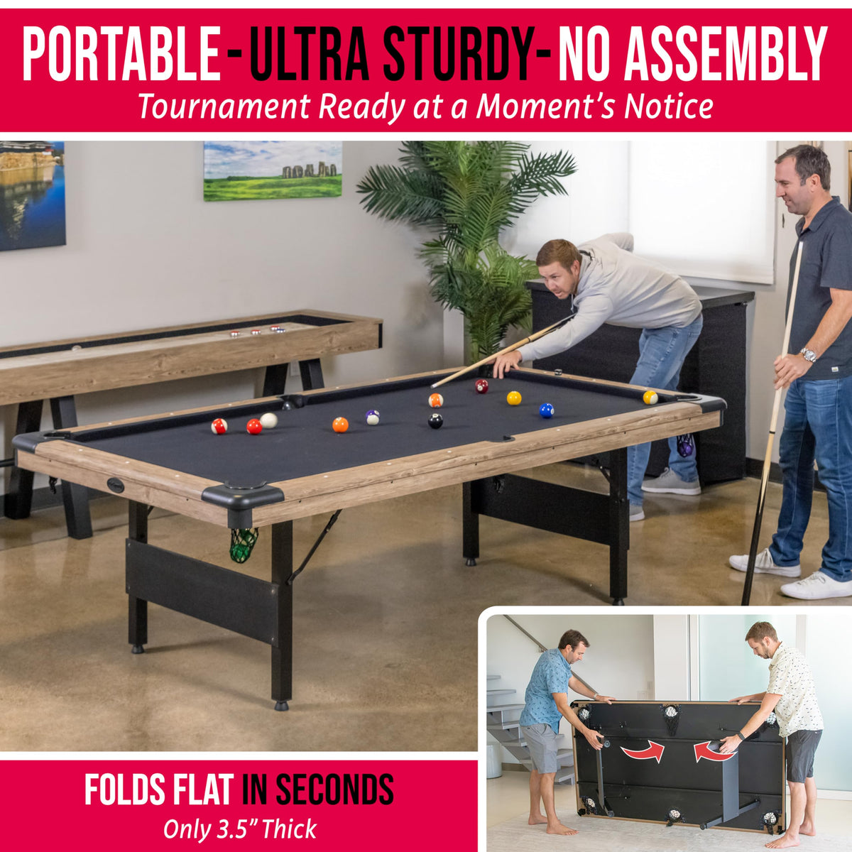 GoSports 6, 7, or 8 ft Portable Billiards Tables - No Assembly, Includes Set of Balls, 2 Cue Sticks, Chalk, Felt Brush