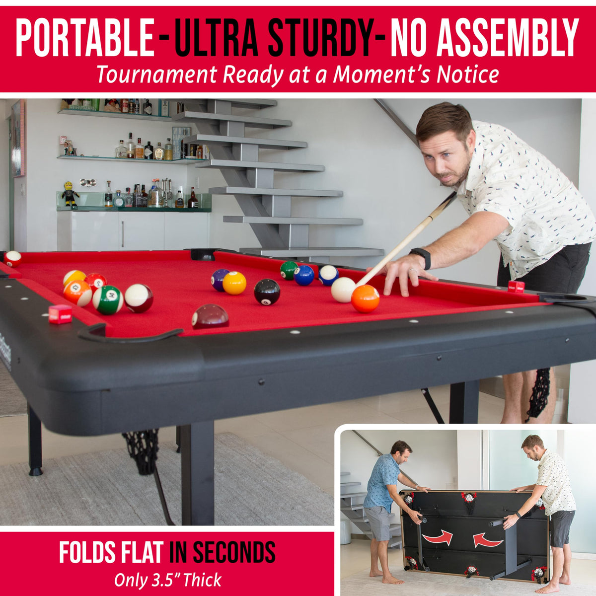GoSports 6, 7, or 8 ft Portable Billiards Tables - No Assembly, Includes Set of Balls, 2 Cue Sticks, Chalk, Felt Brush