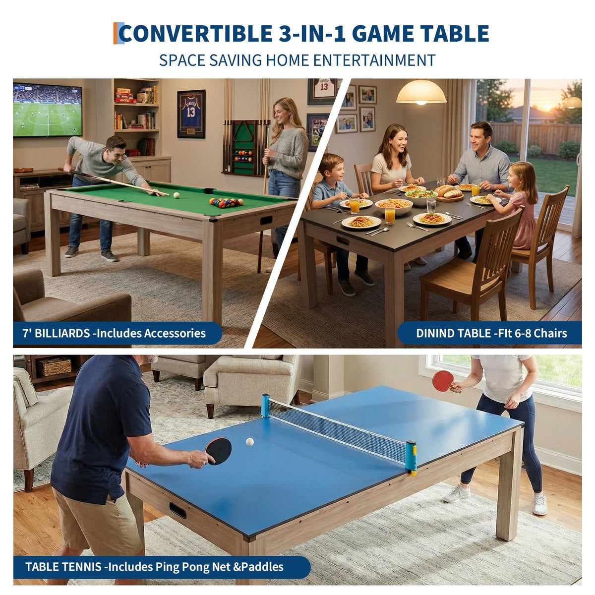 7 ft Pool Table Combo,3 in 1 Pool, Dining, & Table Tennis