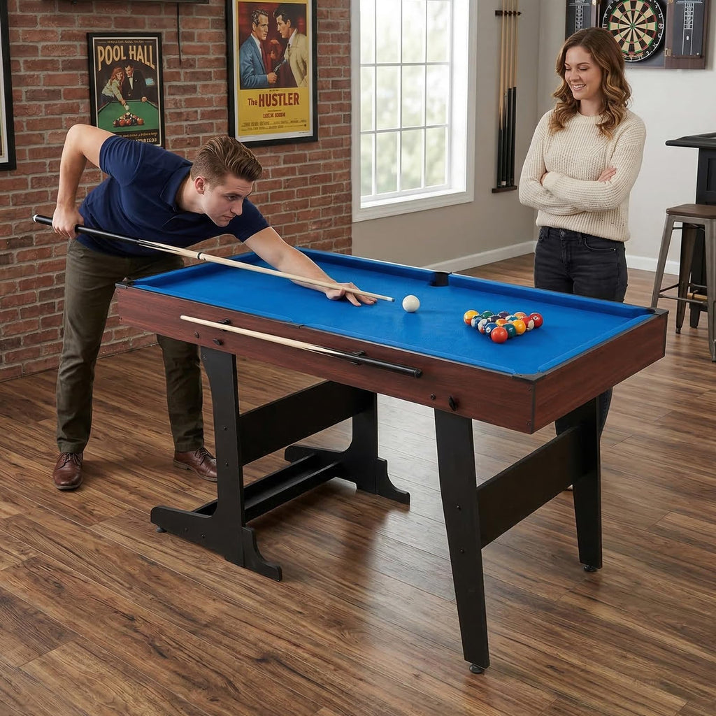 53 Inch Folding Pool Table with Built-in Ball Storage and Cue Clips, Freestanding Billiard Game Table Set for Family Game Room, Includes Cues, Balls, Chalk and Brush