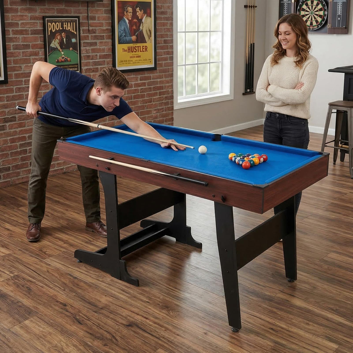 53 Inch Folding Pool Table with Built-in Ball Storage and Cue Clips, Freestanding Billiard Game Table Set for Family Game Room, Includes Cues, Balls, Chalk and Brush