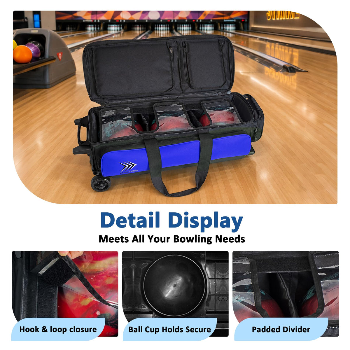 WF 3 Ball Roller Bowling Bag with Wheels & Separate Shoes Pocket