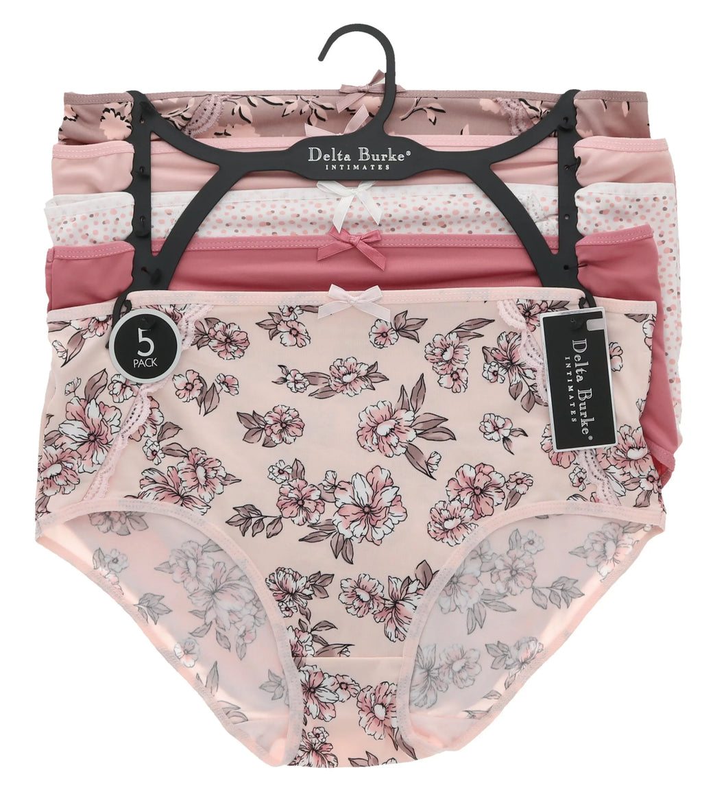 Delta Burke Intimates Women's Plus Size Sexy Classic High Rise Brief Panties (5Pr) (Large, Pink Floral Dots)