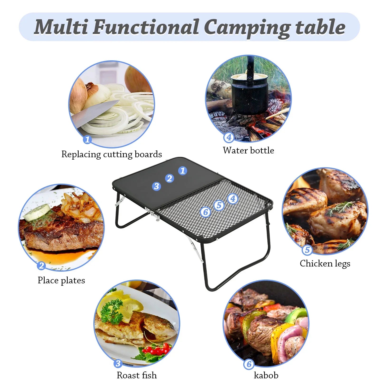 Portable Camping Table, Cutting Board and Table 2-in-1 Folding Campfire Grill for Outdoor Barbecue, Picnic, Fishing,Camping.