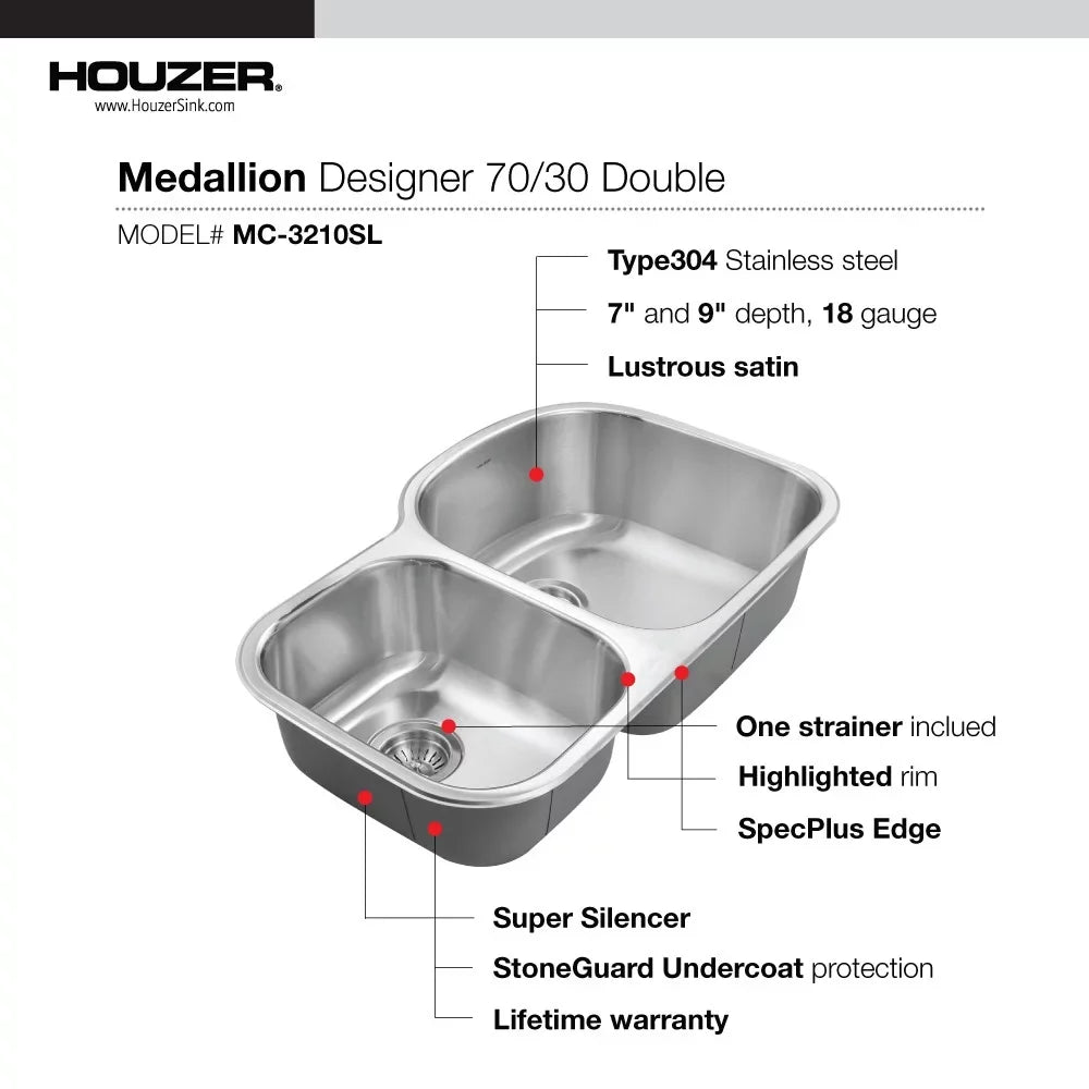 Houzer MC-3210SL-1 32-1/2" x 18-1/2" x 14-15/16" 32-1/2" x 20-11/16" Stainless Steel Undermount 70/30 Double Bowl Kitchen Sink