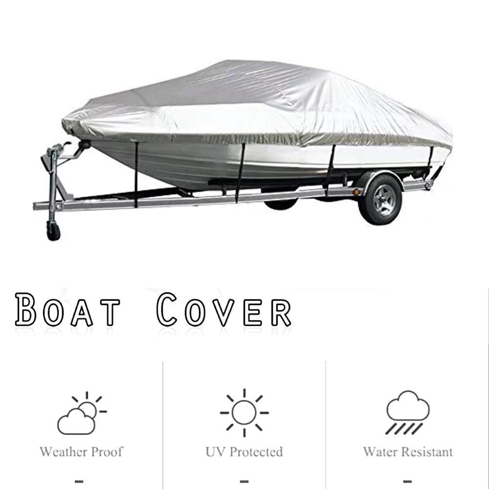 Boat Cover Yacht Protection Waterproof Heavy Duty Silver Reflective 300D Oxford Fabric Anti-smashing Durable and Tear Proof Fits V-HULL TRI-HULL Runabouts and Bass Boats 11-13FT