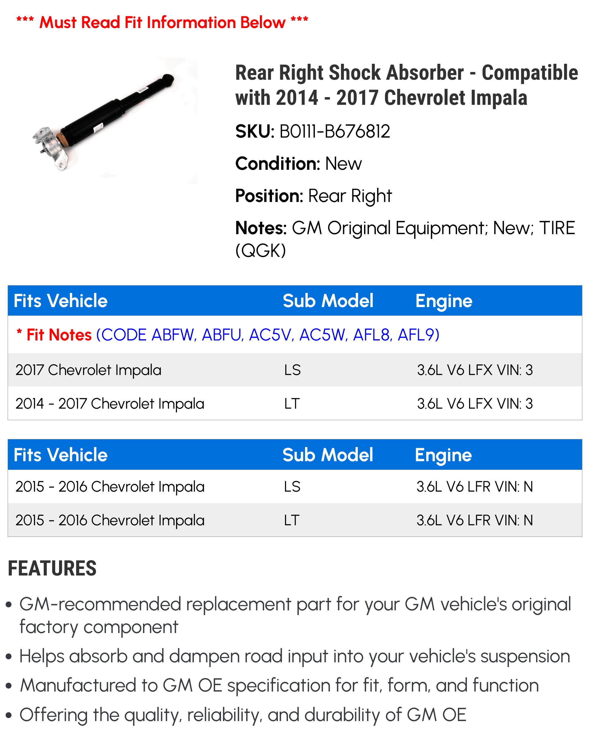 Rear Right Shock Absorber - Compatible with 2014 - 2017 Chevy Impala 2015 2016