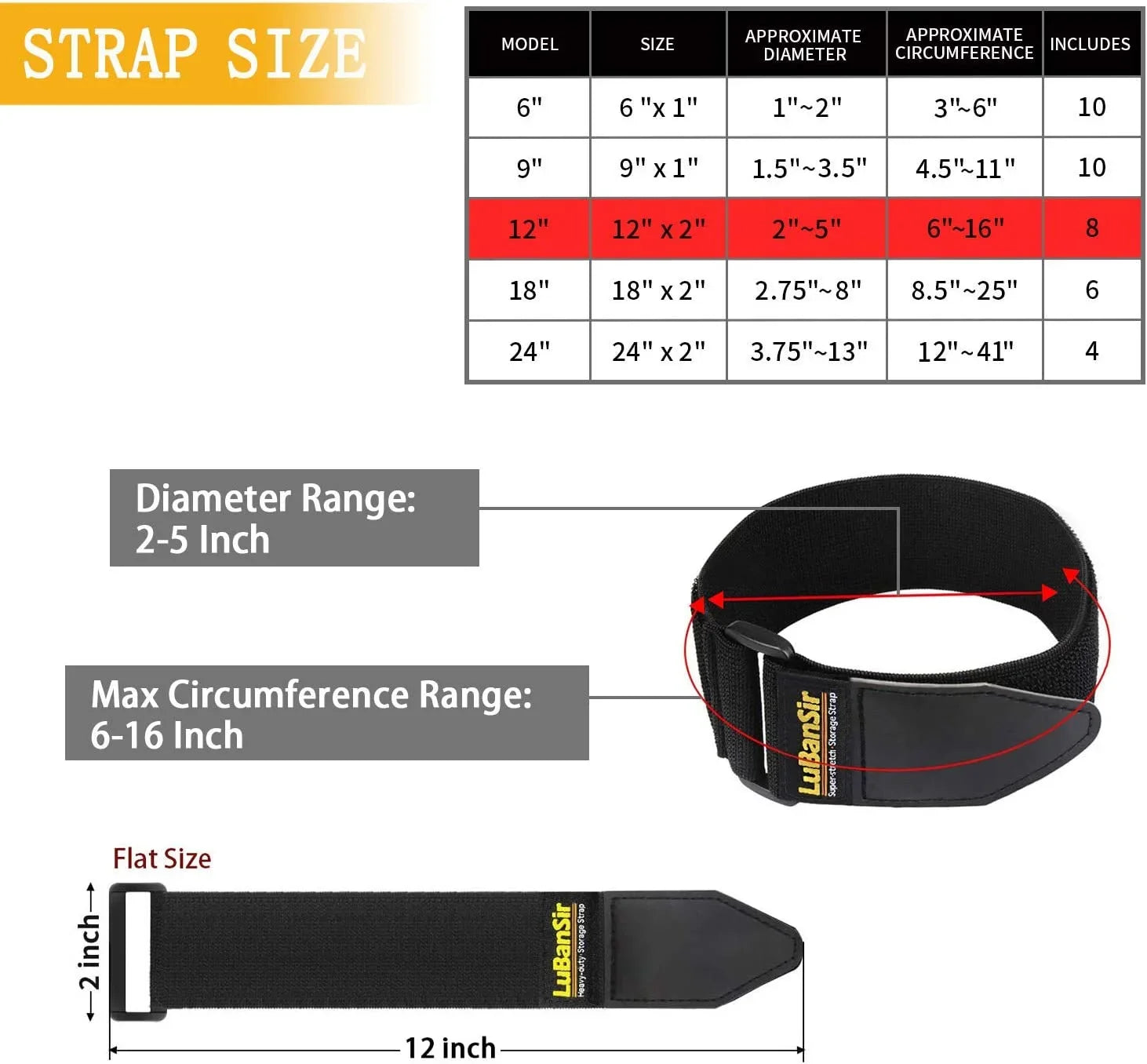 Cinch Straps, 2" x 12" (8 Pack) Elastic Hook and Loop Storage Strap for Extension Cord, Cable, Cord Wrap, Rope
