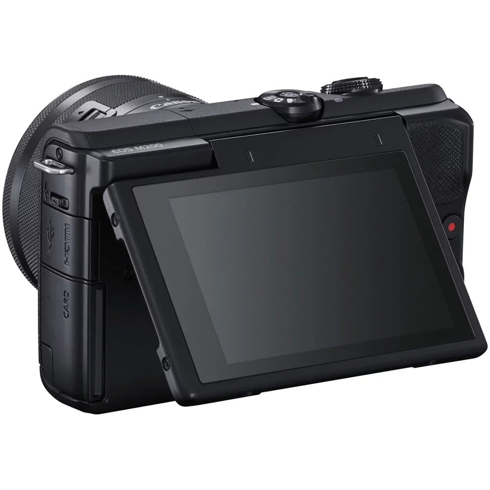 Restored Canon EOS M200 Mirrorless Digital Camera with 15-45mm Lens (Black) (3699C009) + 64GB Memory Card + Case + Card Reader + Flex Tripod + Hand Strap + Cap Keeper + Memory Wallet + Cleaning Kit (Refurbished)