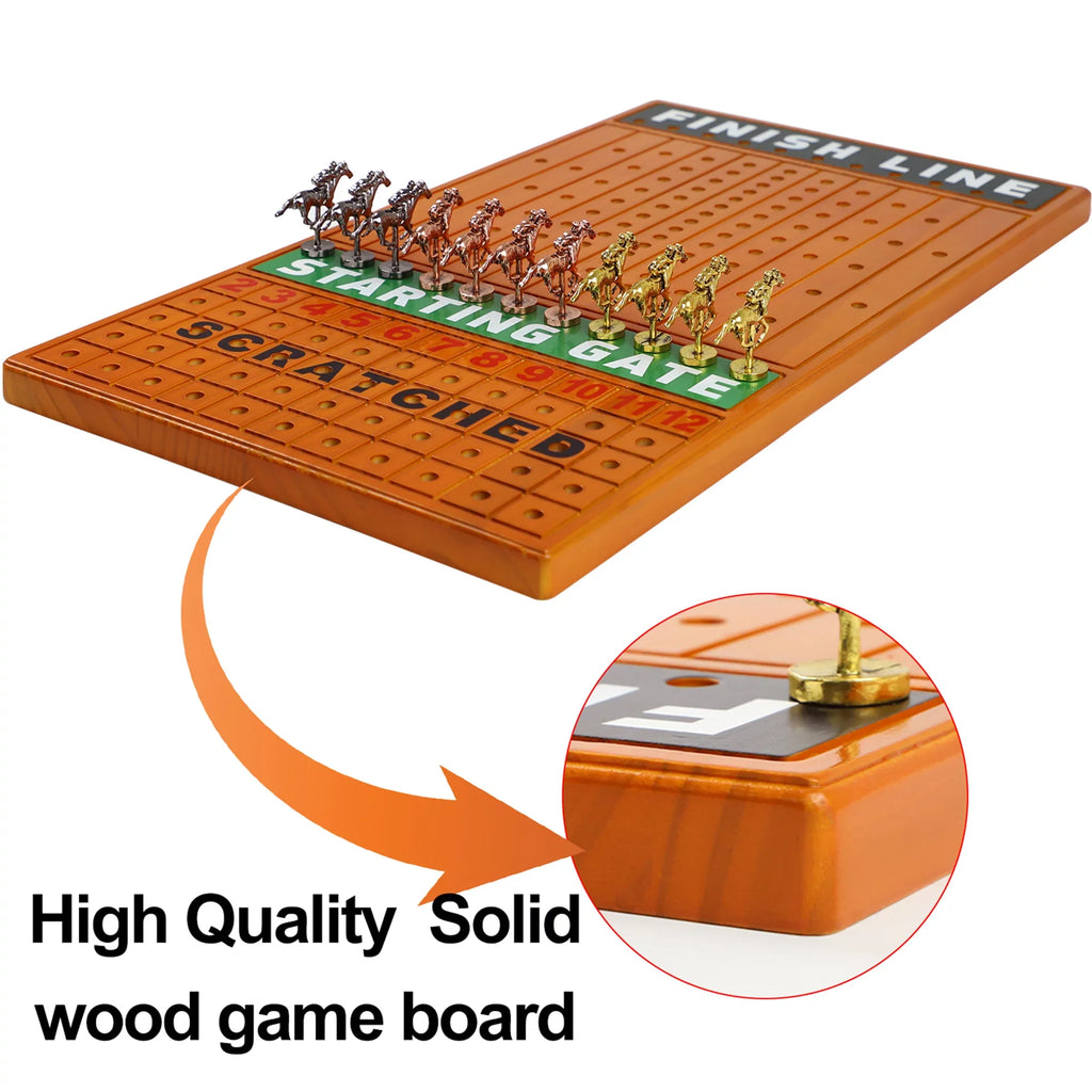 Horse Race Board Game Racing Game Thickened Pine with 11 Luxurious Durable Classic Metal Horses with 4 dice and 2 Boxes of Cards Across Finish Line Horse Racing Game