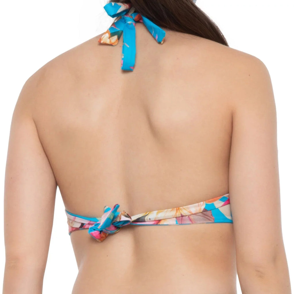 LA BLANCA Women's Blue Tropical Print Shirring Tie Sweetheart Molded Cup Halter Swimsuit Top 14