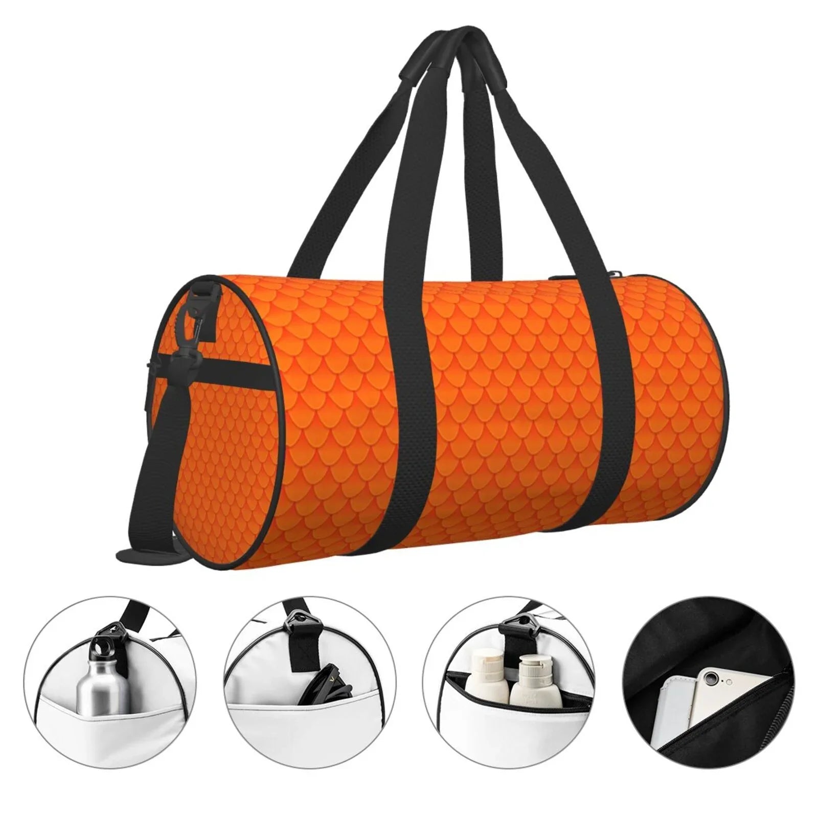 Coaee Orange Scales Large Capacity Travel Luggage Bag Cylinder Gym Bag Waterproof Sports Bag with Pocket and Compartment