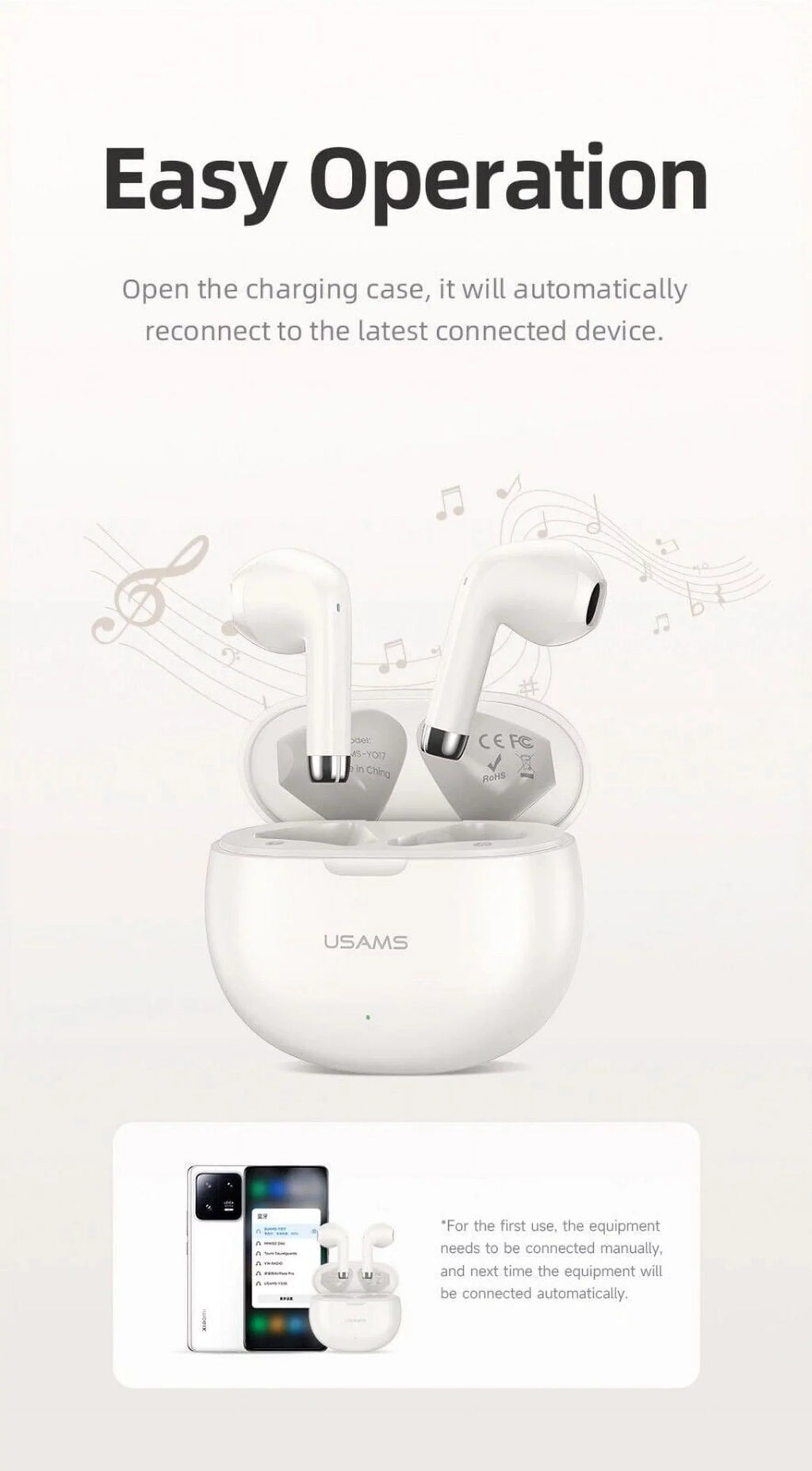 for Sony Xperia 1 IV Wireless Earbuds Bluetooth 5.3 Headphones with Charging Case,Wireless Earphones with Noise Cancelling Mic,IPX4 Waterproof Earphones,Touch Control - White