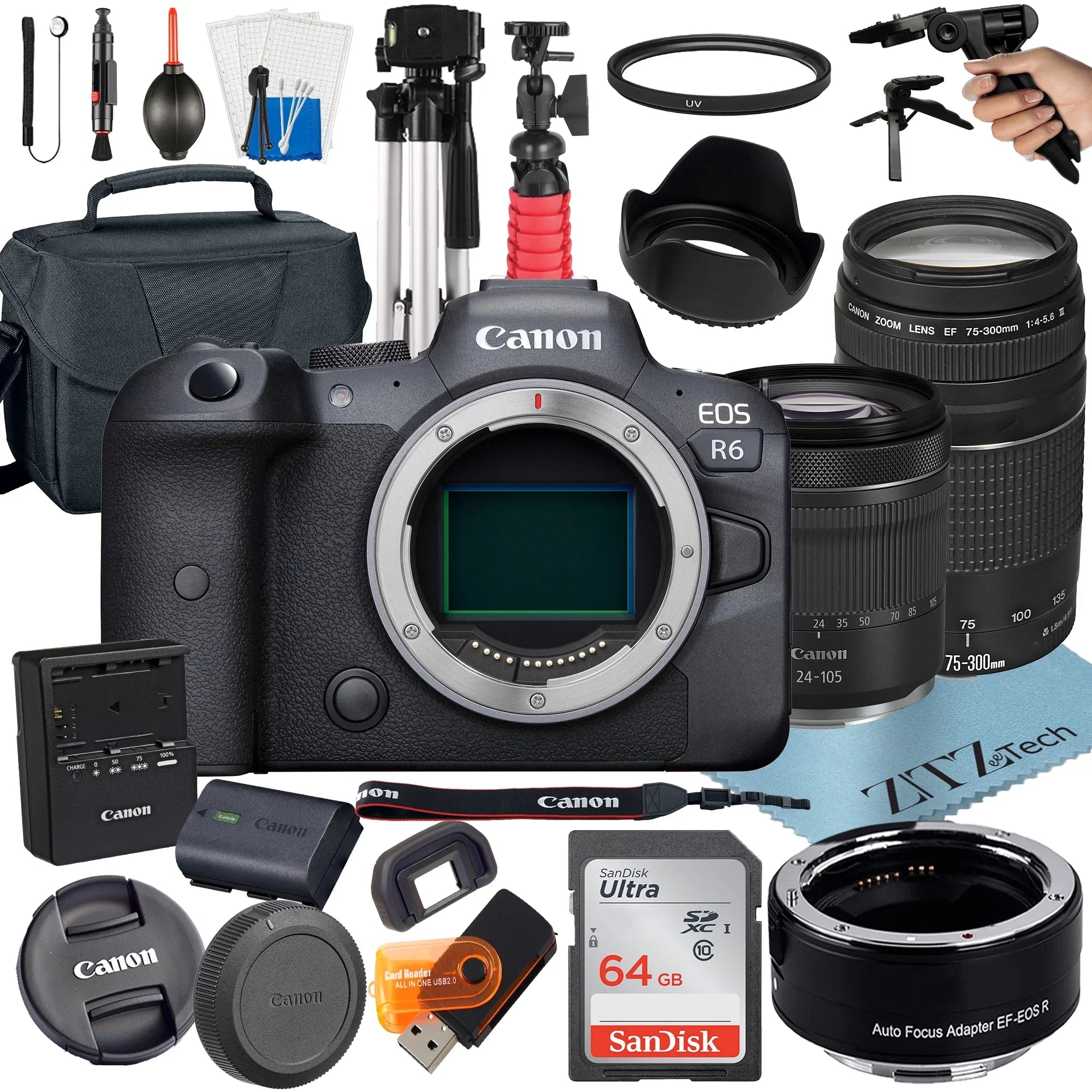 Canon EOS R6 Mirrorless Camera with RF 24-105mm STM + 75-300mm Lens + Mount Adapter + 64GB SanDisk + ZeeTech Accessory