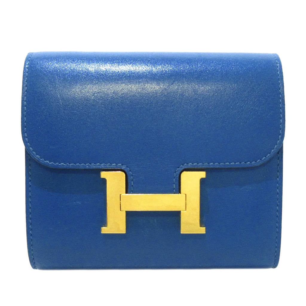 Pre-Owned Authenticated Hermès Constance Compact Wallet Calf Leather Blue Small Wallets Unisex (Good)