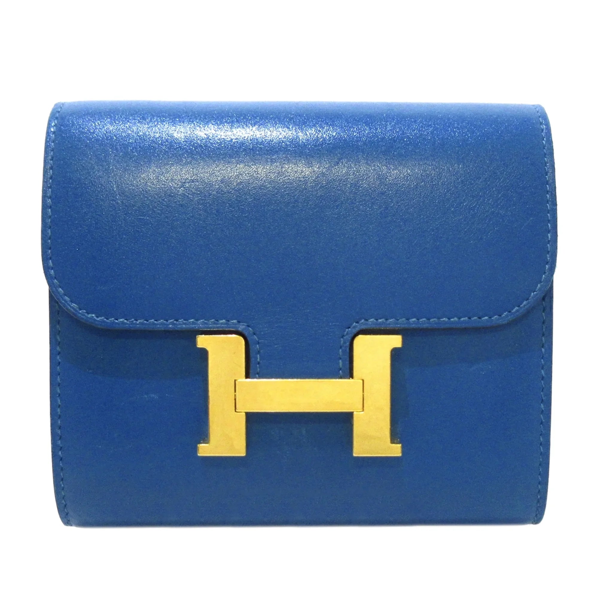 Pre-Owned Authenticated Hermès Constance Compact Wallet Calf Leather Blue Small Wallets Unisex (Good)