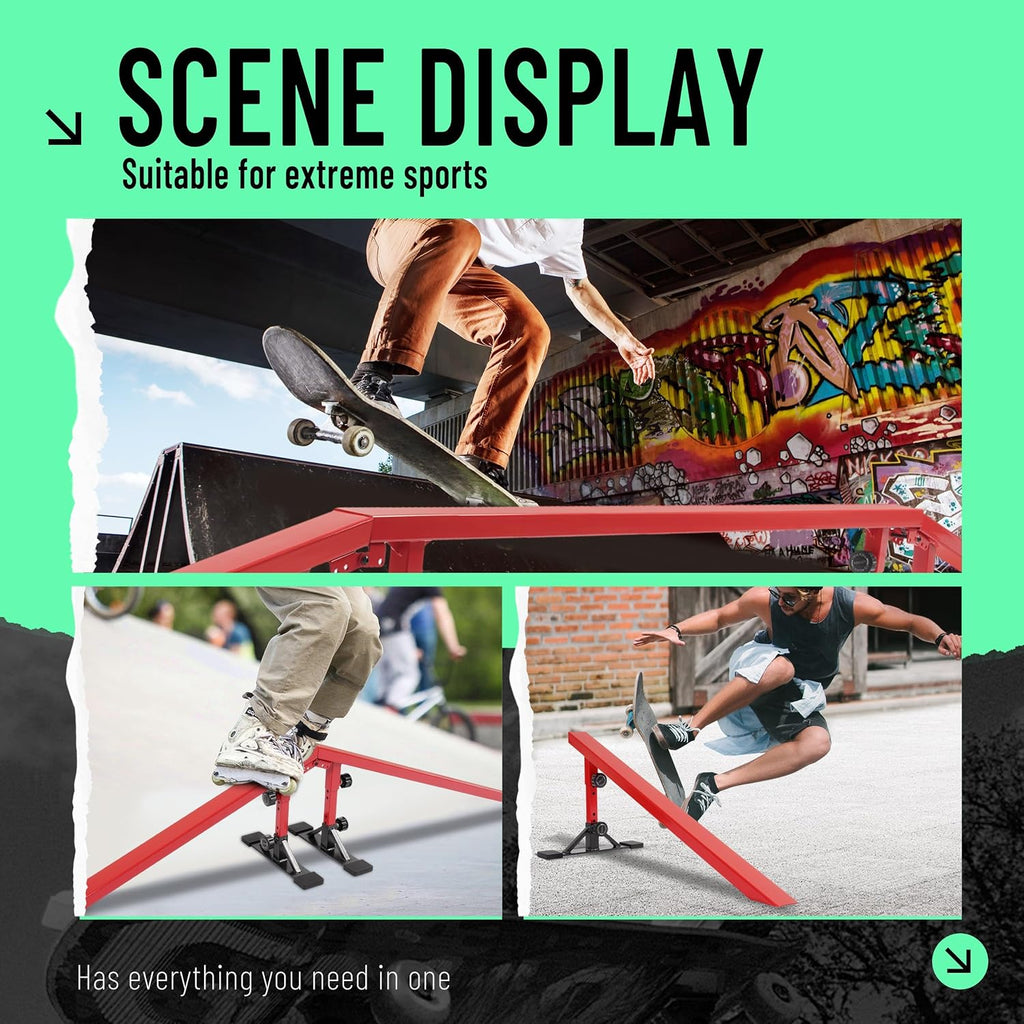 Ultimate Skateboard Rail Grindrail Kit - Modular Adjustable Grind Ramp Multi-Sport Rail for Skate, BMX Bike, Roller, Snowboard, Scooter, Rainbow Flat Incline Rail