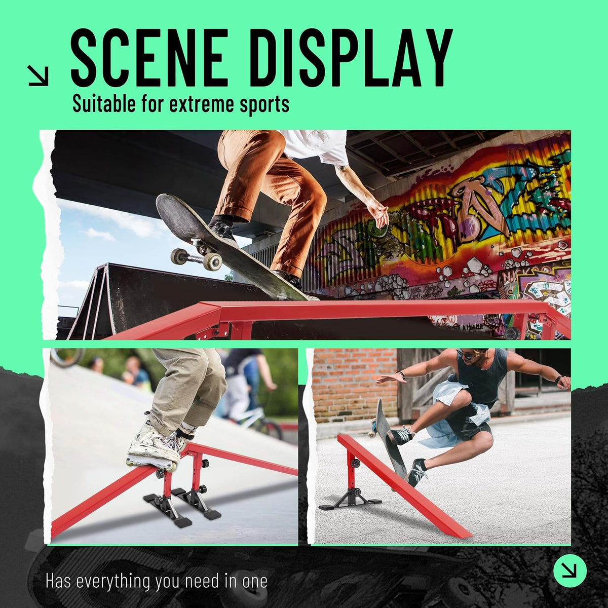 Ultimate Skateboard Rail Grindrail Kit - Modular Adjustable Grind Ramp Multi-Sport Rail for Skate, BMX Bike, Roller, Snowboard, Scooter, Rainbow Flat Incline Rail