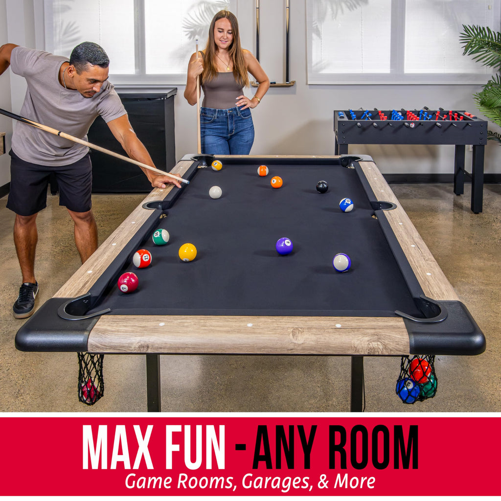 GoSports 6 ft Foldable Pool Tables - Portable Billiards Tables with Accessories - Black with Gray Felt or Oak with Black Felt