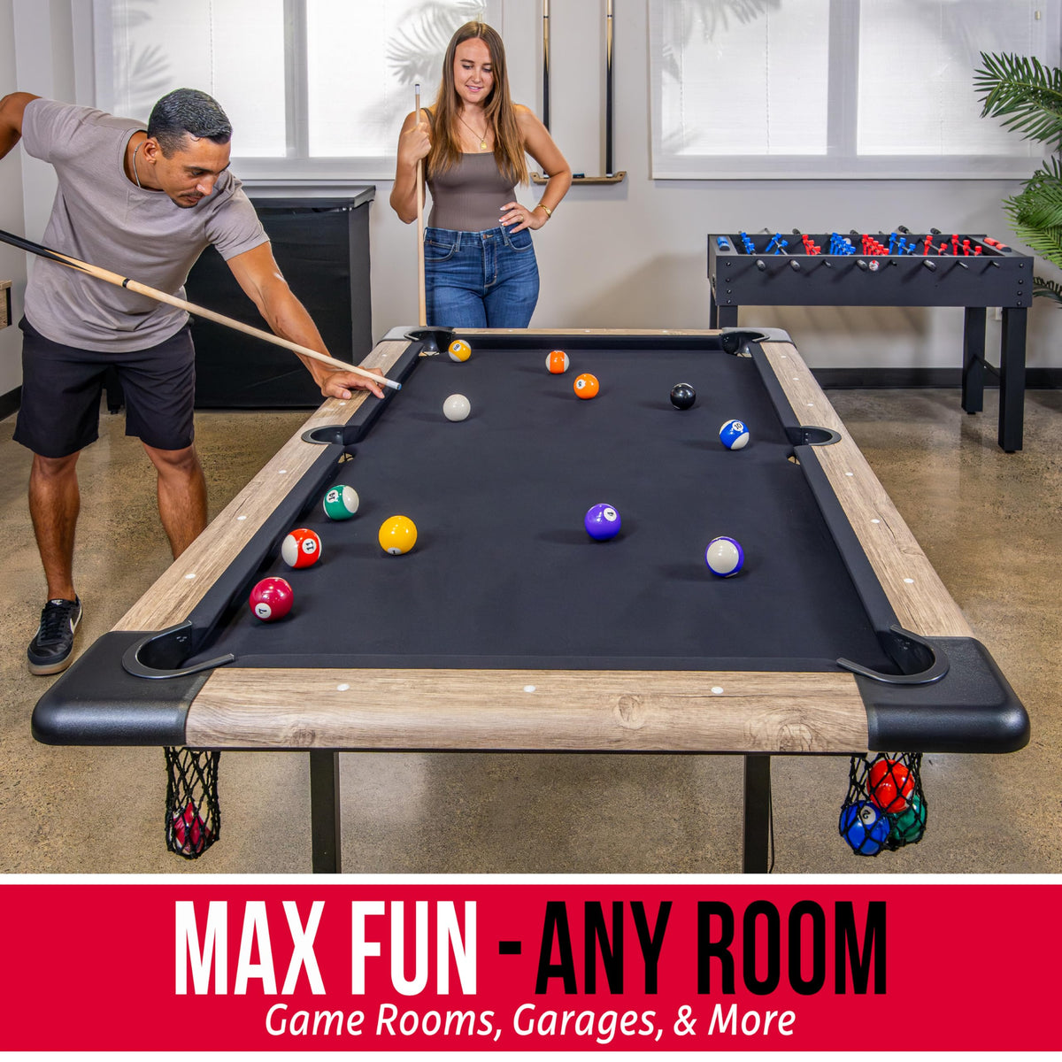 GoSports 6 ft Foldable Pool Tables - Portable Billiards Tables with Accessories - Black with Gray Felt or Oak with Black Felt