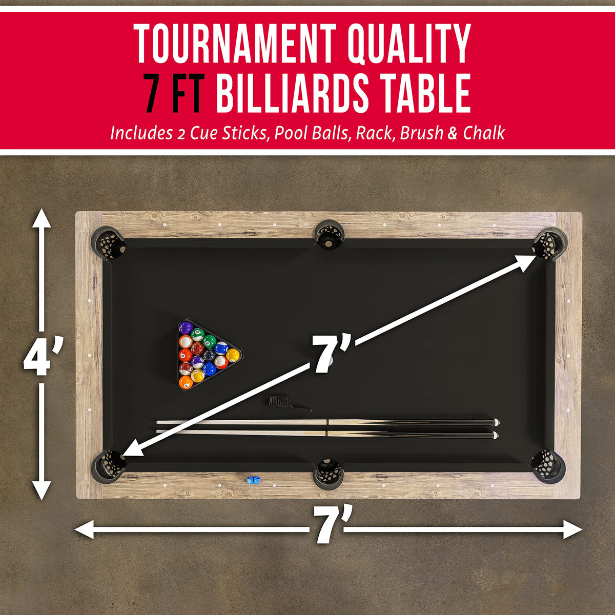 GoSports 7 ft Pool Tables with Wood Finish - Choose Your Style - Modern Billiards Table with 2 Cue Sticks, Balls, Rack, Felt Brush and Chalk