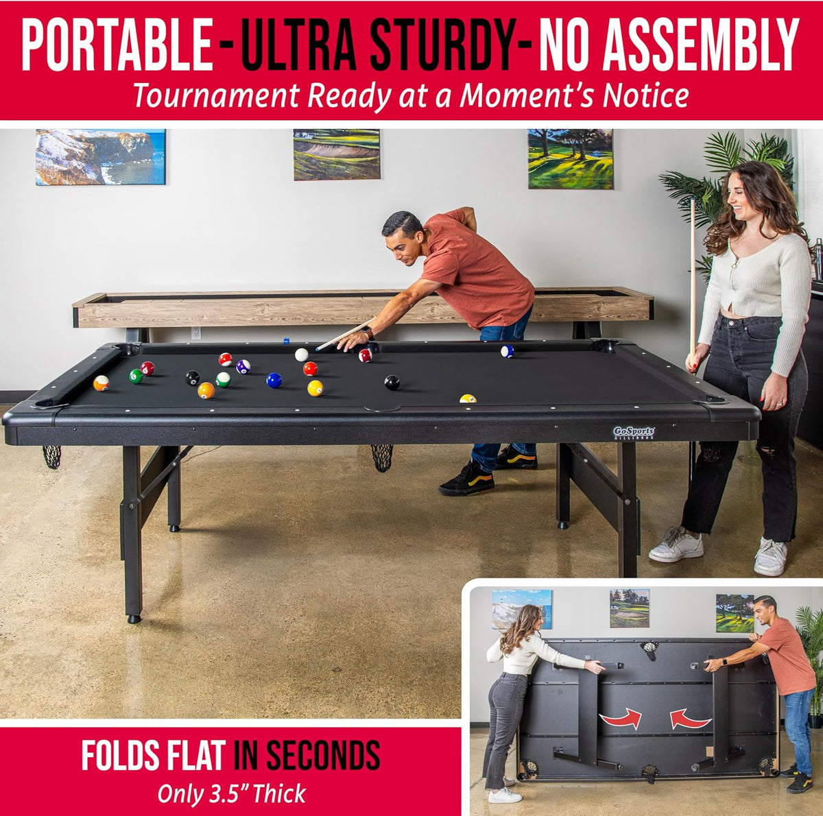GoSports 6, 7, or 8 ft Portable Billiards Tables - No Assembly, Includes Set of Balls, 2 Cue Sticks, Chalk, Felt Brush