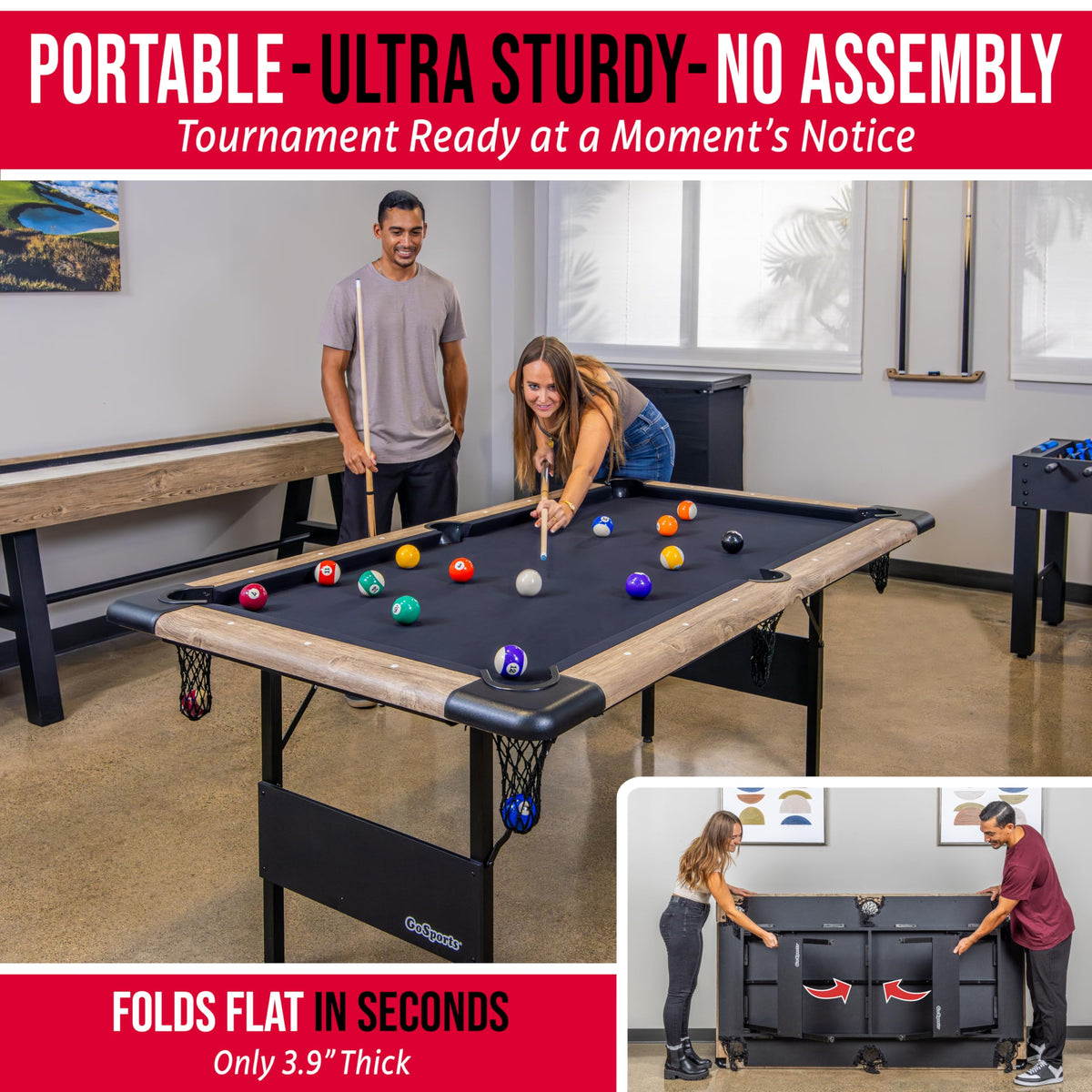 GoSports 6 ft Foldable Pool Tables - Portable Billiards Tables with Accessories - Black with Gray Felt or Oak with Black Felt