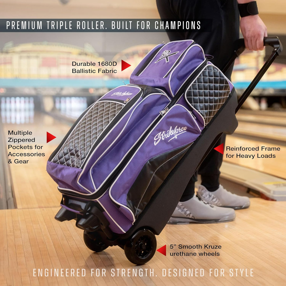 KR Strikeforce Royal Flush Triple Roller Bowling Bag for Three Bowling Balls, Shoes & Accessories