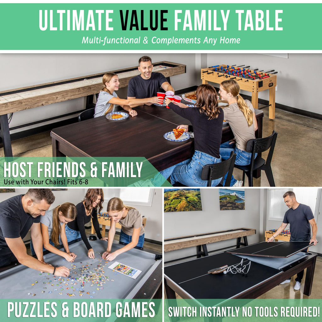 GoSports 3 in 1 Pool, Dining, & Table Tennis Combo Table and Storage Benches - 7 ft or 8 ft - Convertible Billiards and Table Tennis with Accessories