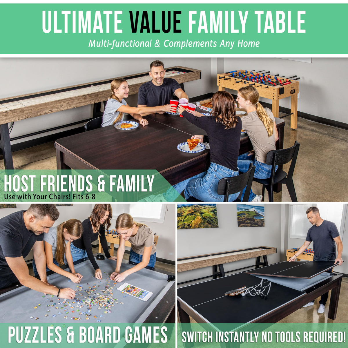 GoSports 3 in 1 Pool, Dining, & Table Tennis Combo Table and Storage Benches - 7 ft or 8 ft - Convertible Billiards and Table Tennis with Accessories