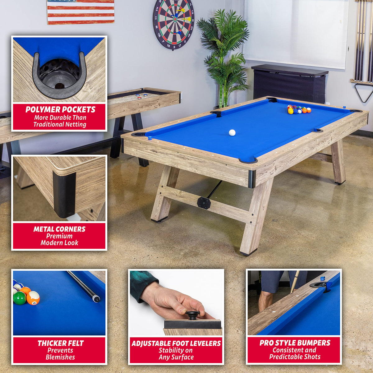 GoSports 8 ft Pool Tables with Wood Finish - Choose Your Style - Modern Billiards Table with 2 Cue Sticks, Balls, Rack, Felt Brush and Chalk