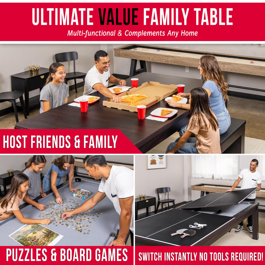 GoSports 3 in 1 Pool, Dining, & Table Tennis Combo Table and Storage Benches - 7 ft or 8 ft - Convertible Billiards and Table Tennis with Accessories