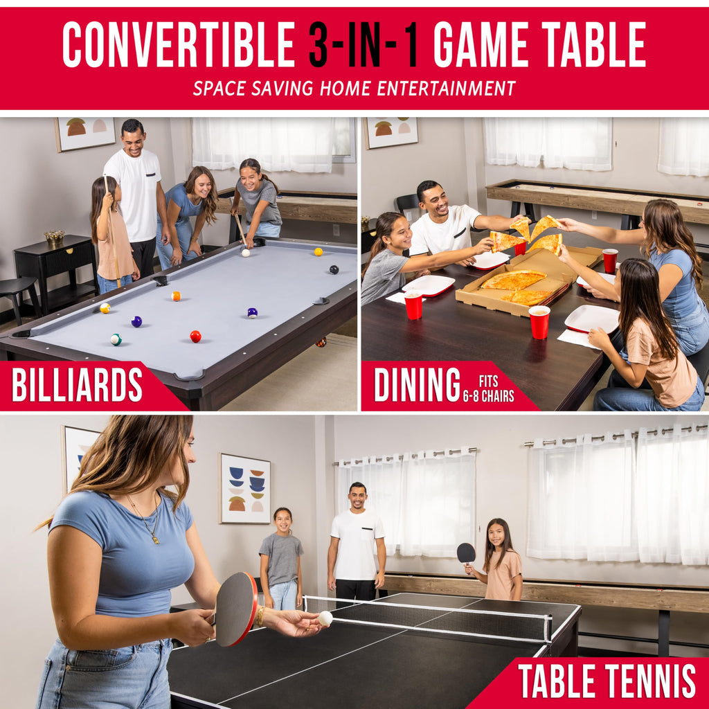 GoSports 3 in 1 Pool, Dining, & Table Tennis Combo Table and Storage Benches - 7 ft or 8 ft - Convertible Billiards and Table Tennis with Accessories