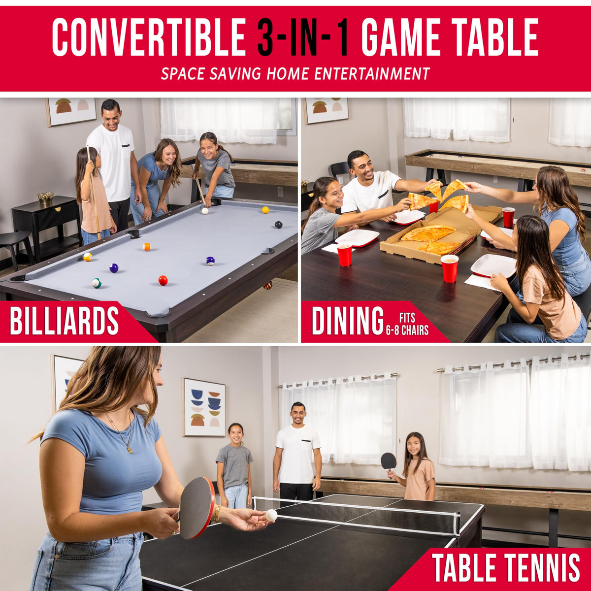 GoSports 3 in 1 Pool, Dining, & Table Tennis Combo Table and Storage Benches - 7 ft or 8 ft - Convertible Billiards and Table Tennis with Accessories