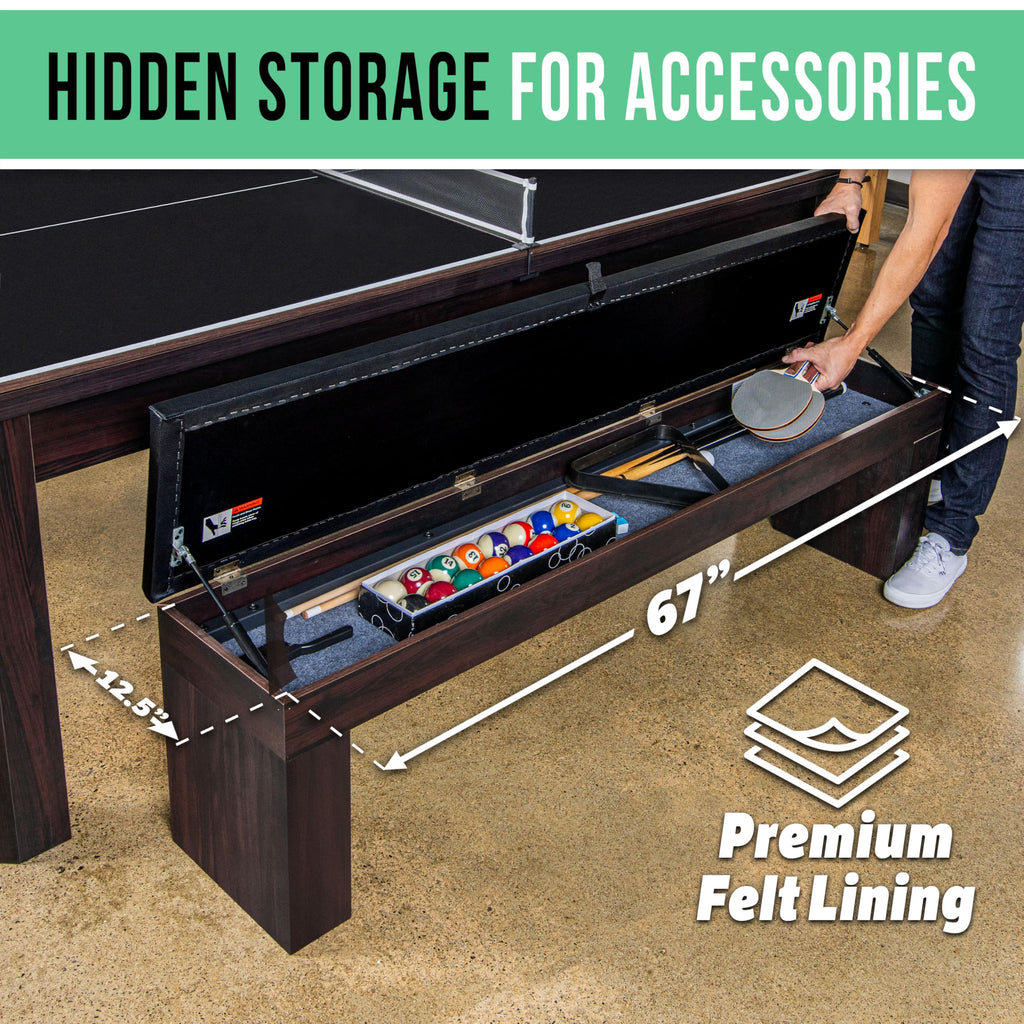 GoSports 3 in 1 Pool, Dining, & Table Tennis Combo Table and Storage Benches - 7 ft or 8 ft - Convertible Billiards and Table Tennis with Accessories