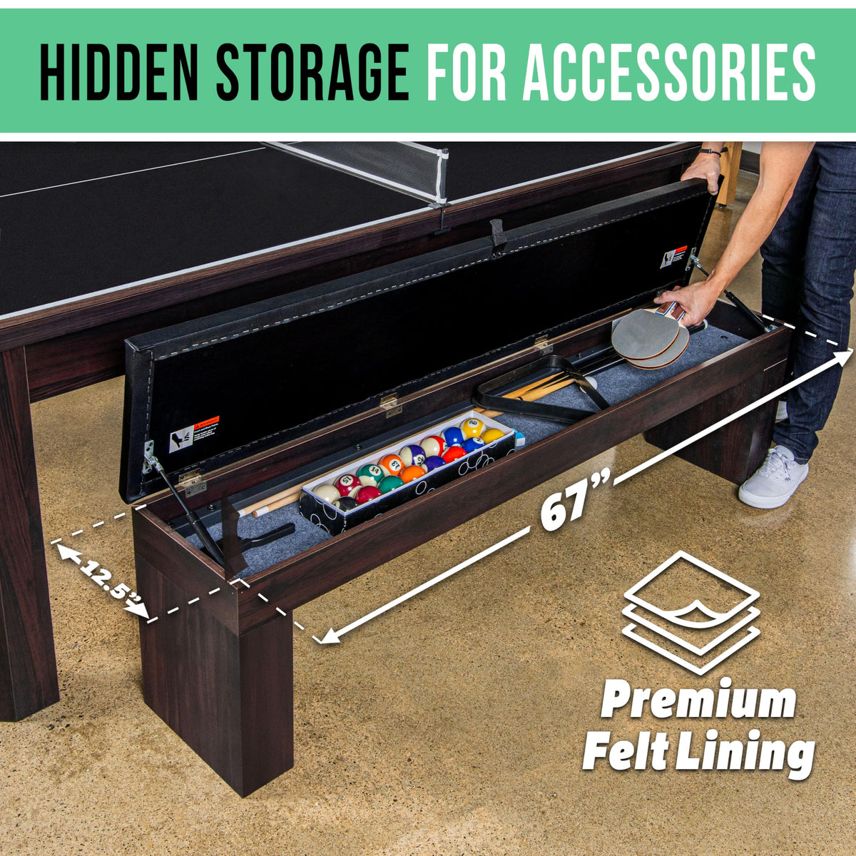 GoSports 3 in 1 Pool, Dining, & Table Tennis Combo Table and Storage Benches - 7 ft or 8 ft - Convertible Billiards and Table Tennis with Accessories
