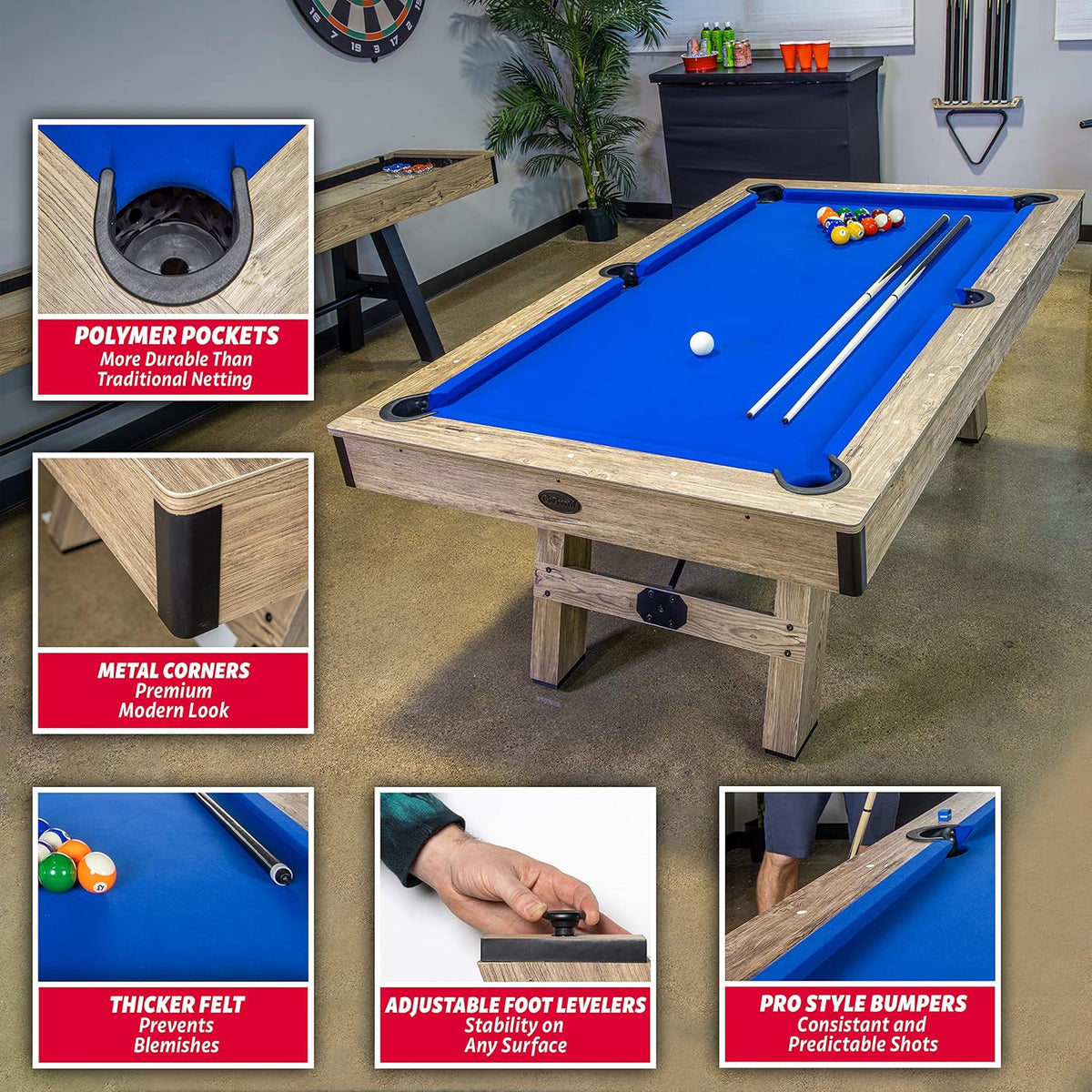GoSports 7 ft Pool Tables with Wood Finish - Choose Your Style - Modern Billiards Table with 2 Cue Sticks, Balls, Rack, Felt Brush and Chalk