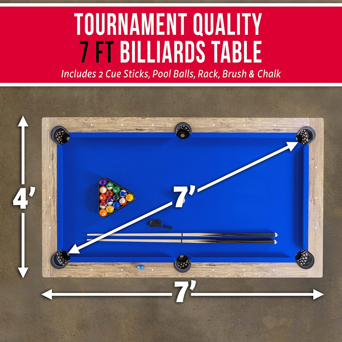GoSports 7 ft Pool Tables with Wood Finish - Choose Your Style - Modern Billiards Table with 2 Cue Sticks, Balls, Rack, Felt Brush and Chalk