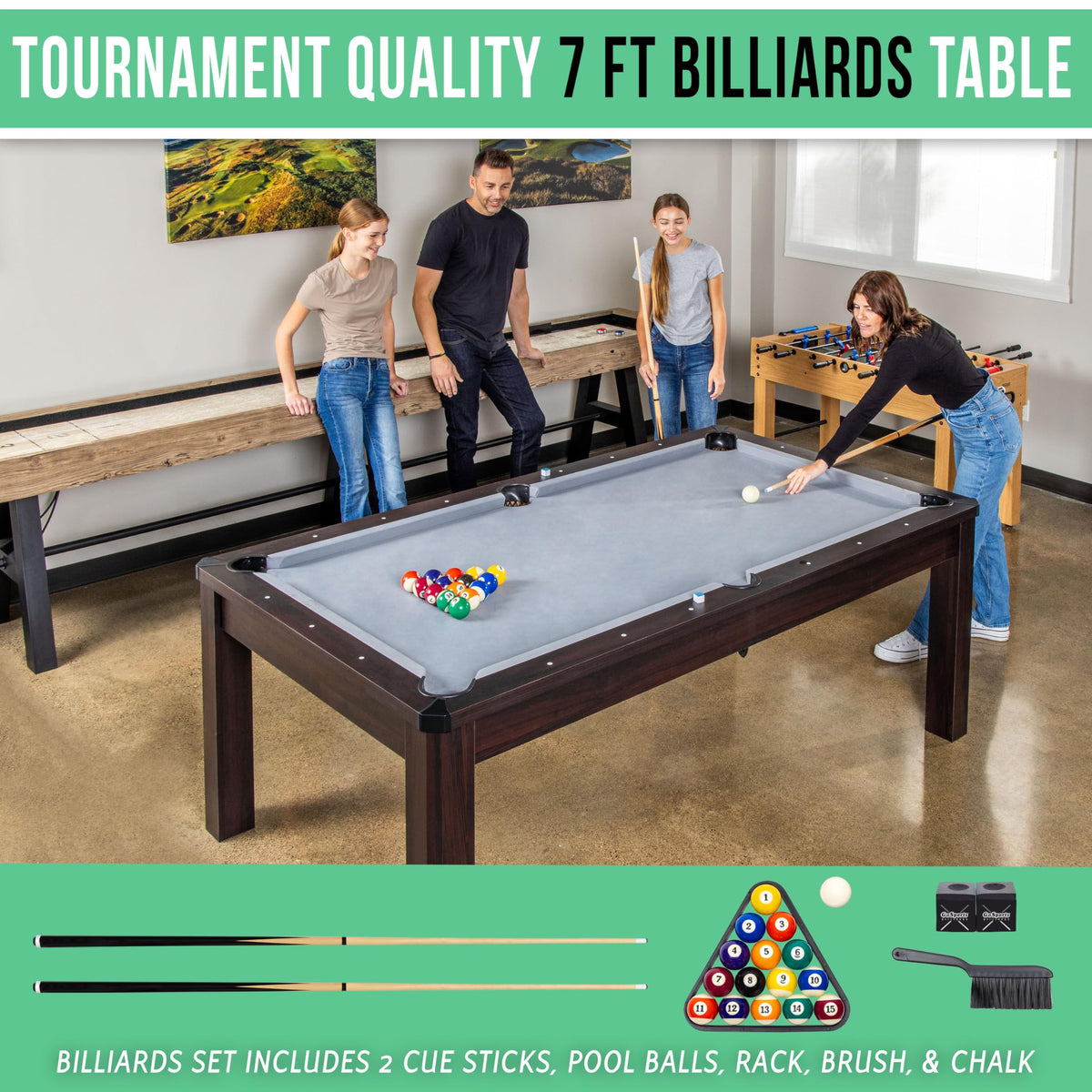 GoSports 3 in 1 Pool, Dining, & Table Tennis Combo Table and Storage Benches - 7 ft or 8 ft - Convertible Billiards and Table Tennis with Accessories