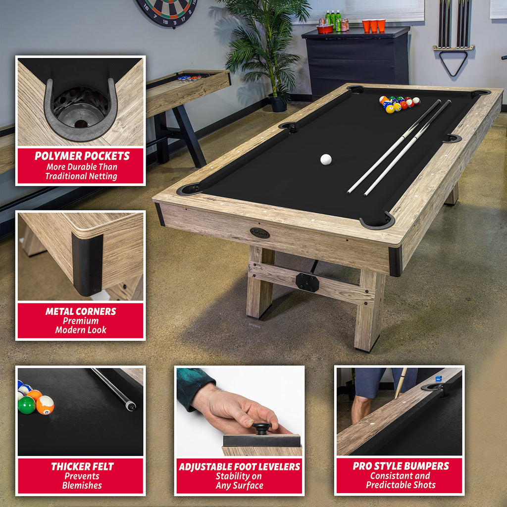 GoSports 7 ft Pool Tables with Wood Finish - Choose Your Style - Modern Billiards Table with 2 Cue Sticks, Balls, Rack, Felt Brush and Chalk