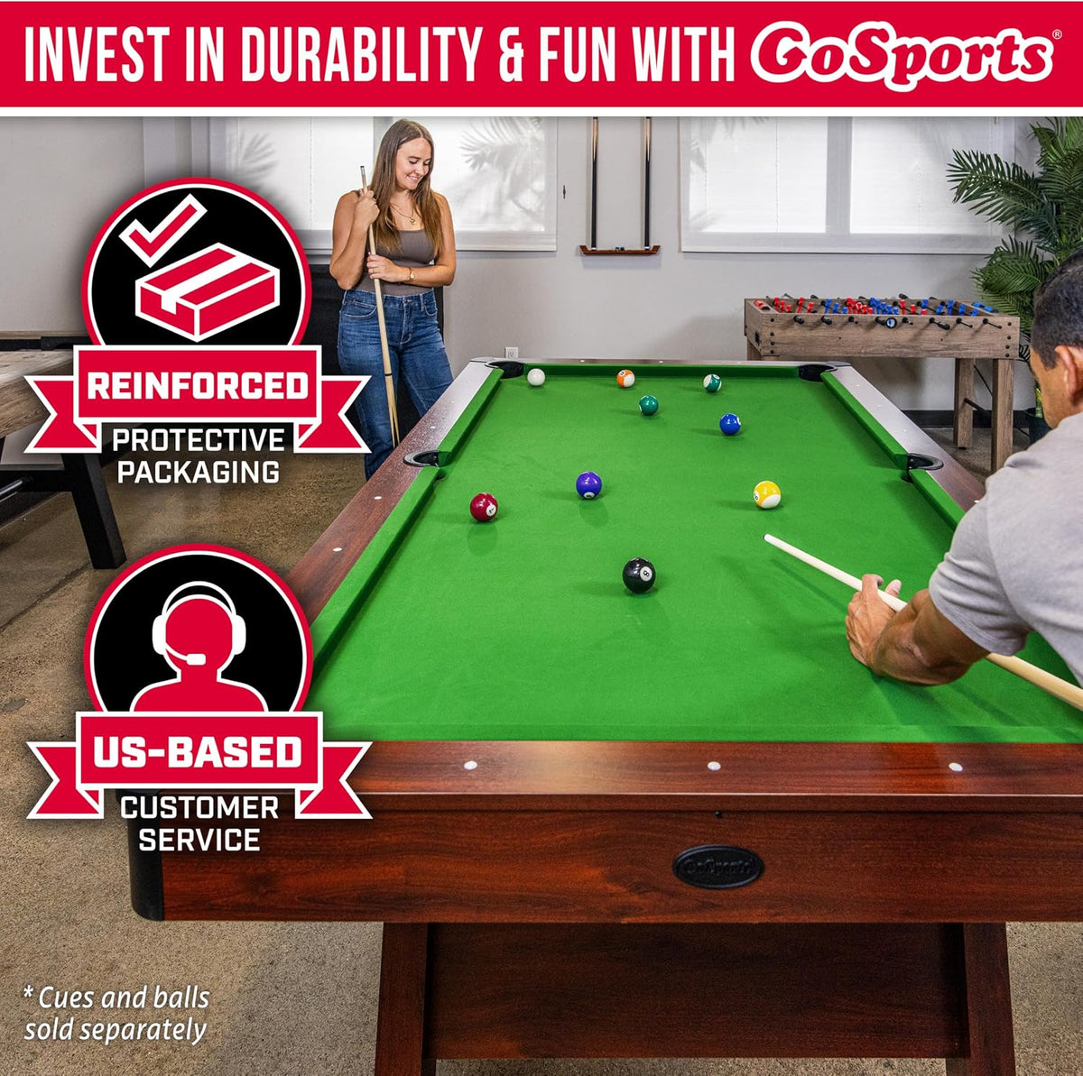 GoSports 7 and 8 ft Pool Tables with Wood Finish - Gray, Black, or Green Felt - Accessories Not Included