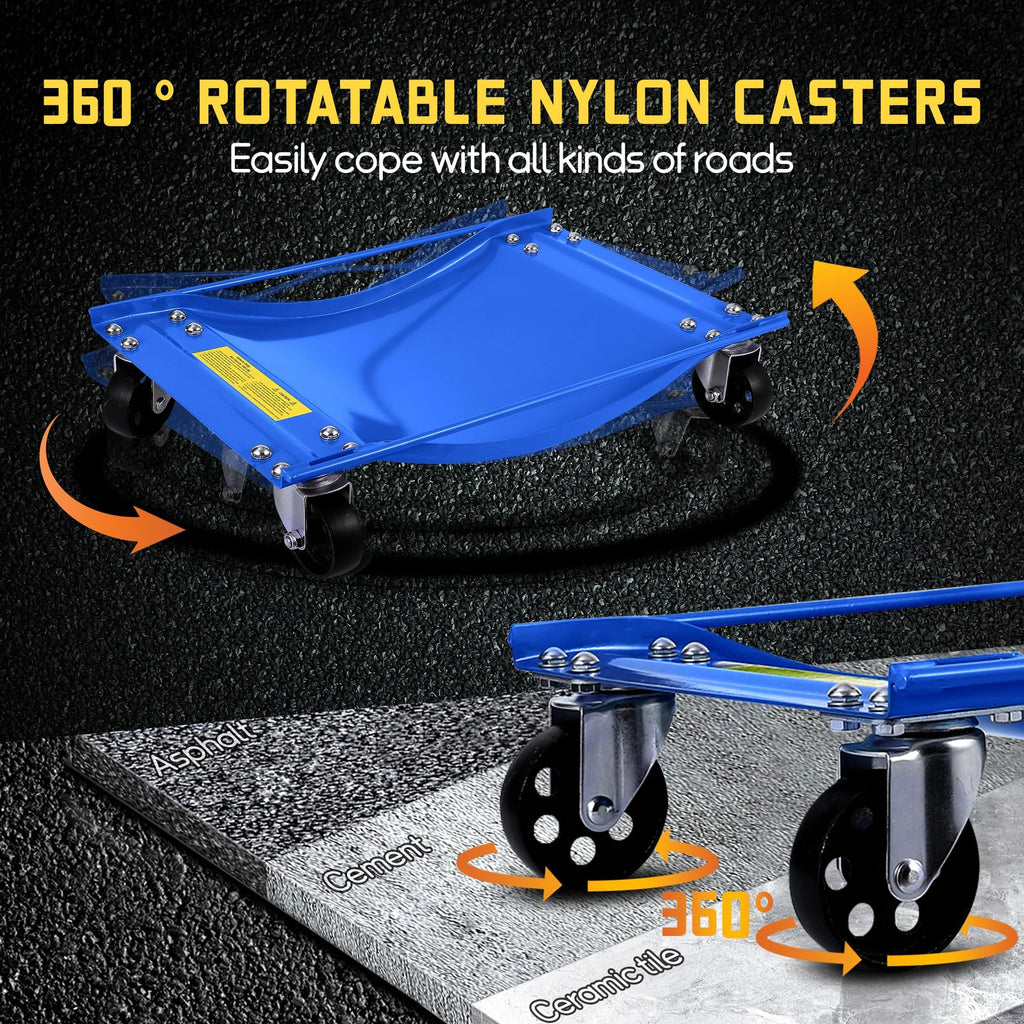 Heavy Duty Car Wheel Dolly Set â 4-Pack, 2500lbs Each (10,000lbs Total) â 24x15in Steel Curved Skates, Side Rails, Lockable Swivel Casters â for Cars, SUVs, Trucks, Motorcycles