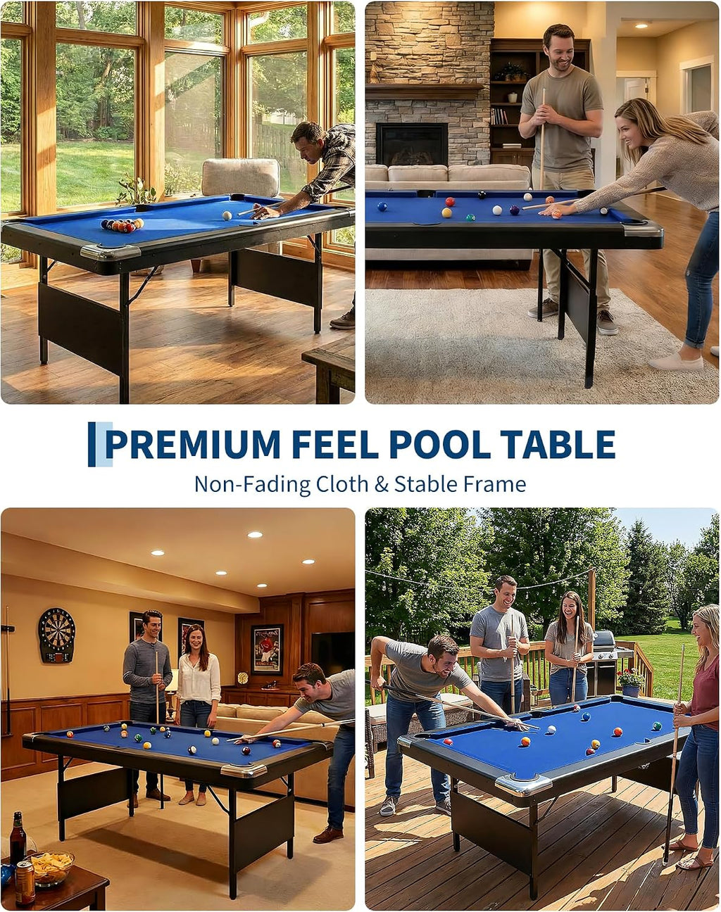 7 Foot Pool Table for Family, Foldable No Assembly Pool Table with Balls, Cues, Chalk, Rack & Brush, Portable Billiards Game Table for Apartment, Basement, Office & Game Room