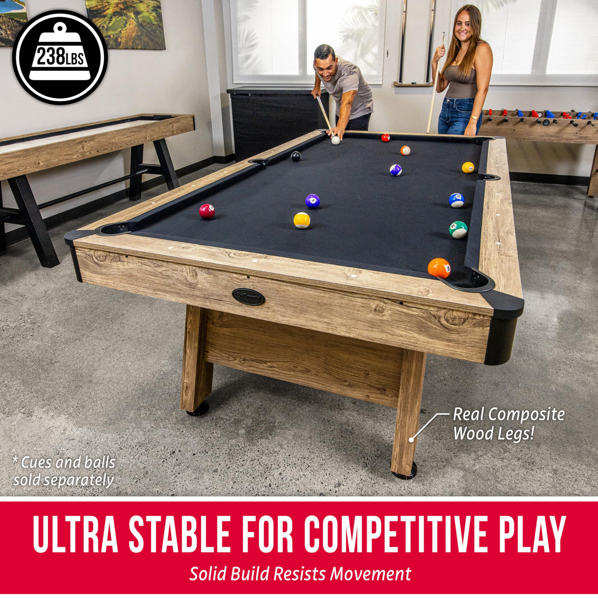 GoSports 7 and 8 ft Pool Tables with Wood Finish - Gray, Black, or Green Felt - Accessories Not Included